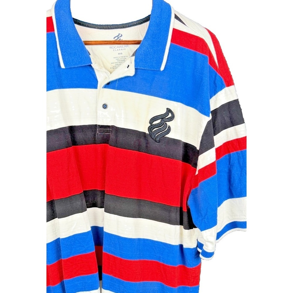Rocawear Classic Polo Shirt 4XB Blue Red Black Striped Big Tall Embroidered Logo